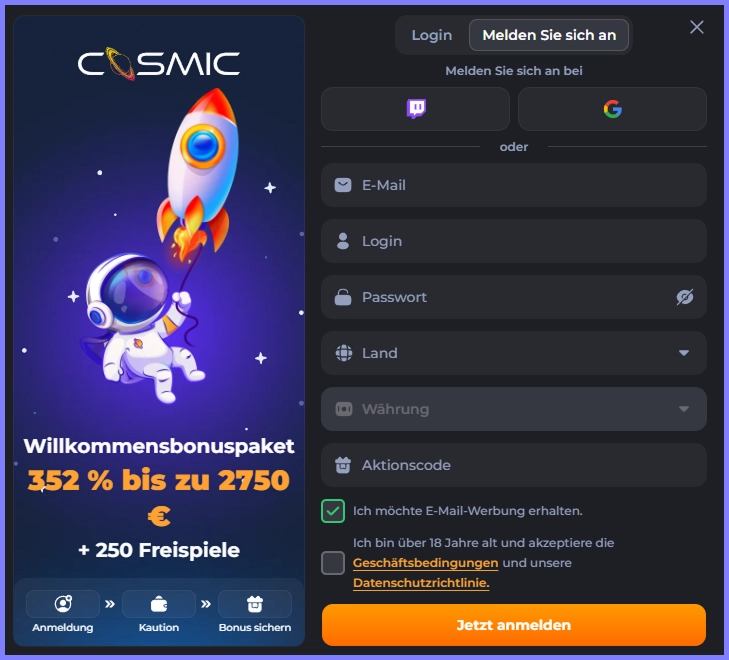 Registrierungsformular im CosmicSlotz Casino