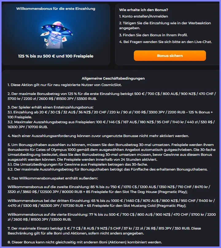 Willkommensbonus mit 125 % bis 500 € und 100 Freispiele bei CosmicSlotz Casino