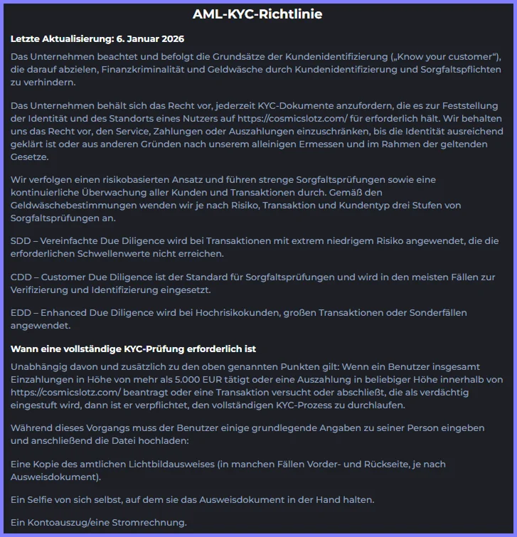 AML- und KYC-Richtlinien bei CosmicSlotz Casino