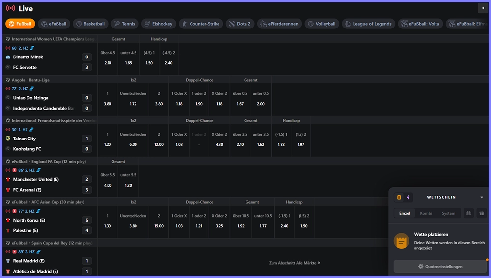Live-Sportwetten im CosmicSlotz Casino