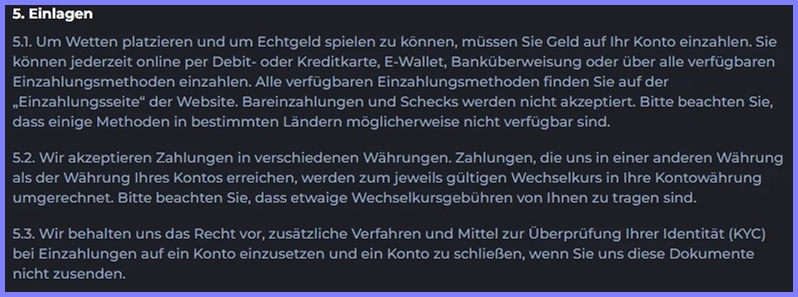 Einzahlungsbedingungen im CosmicSlotz Casino